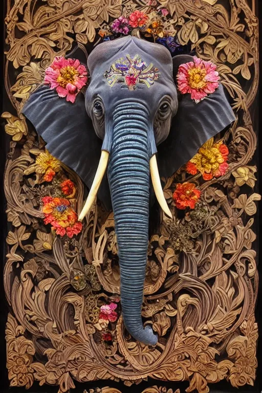 Image similar to Painted dark-wood panel relief carving of a Flowerpunk Matriarch Elephant, ornate border frame, explosion of colorful flowers, dark wood, intricately carved, black ink, festival of rich colors, intricate details, cinematic lighting, volumetric lighting, post-processing, art nouveau, by andreas rocha and john howe, and Martin Johnson Heade, featured on artstation, featured on behance, golden ratio, hyper detailed, photorealistic, epic composition, center spotlight, f32, well composed, UE5, 8k