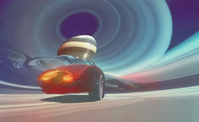 Prompt: a retro photo of a cool car driving on saturn's rings, colorful, vibe, bloom, bloomy