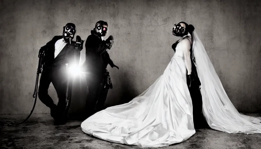 Image similar to disturbing big budget hollywood movie bride and groom wearing gas masks at the marriage of reason and squalor perfect composition dramatic lighting chiaroscuro