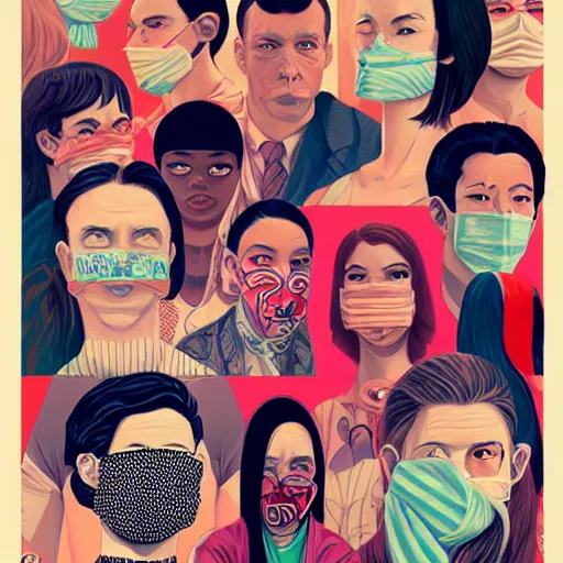 Image similar to portrait of people with sanitary mask, Tristan Eaton, artgerm, Victo Ngai, RHADS, ross draws