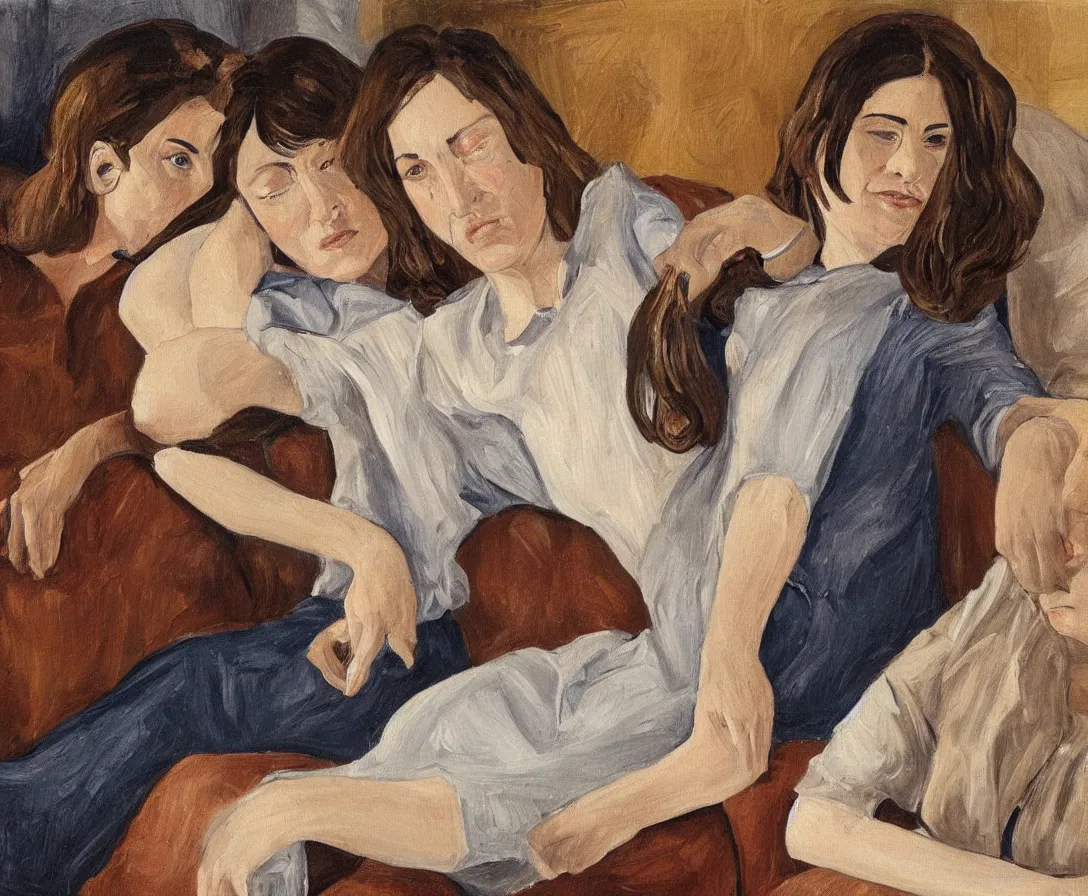 Image similar to two women, in an old english apartment on a brown leather sofa. one is wearing a dark blue sweather, the other a white shirt. brown hair, they are looking into the camera. wide shot. in the style of lucien freud. oil painting.