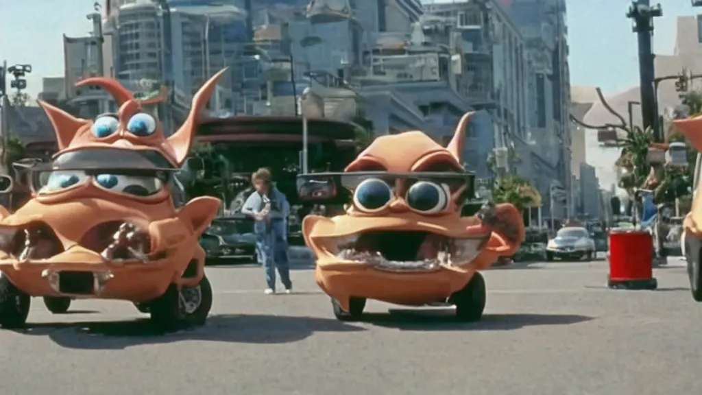 Image similar to Gremlins driving anthropomorphic self driving gremlin cars in downtown silicon valley, film still from banned media Gremlins 3 New World Order, directed by Joe Dante, Nathan Fielder and Groucho Marx