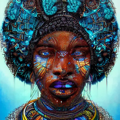 Image similar to a a portrait of an afro futuristic shaman with patterns by android jones