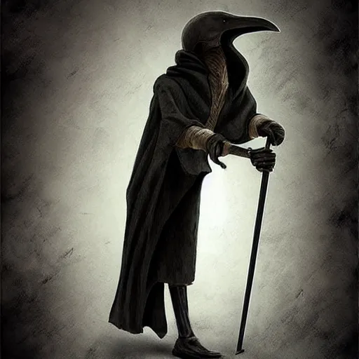Prompt: Plague doctor with traditional beak mask and with her cane in hand, artstation trending, award winning, realistic