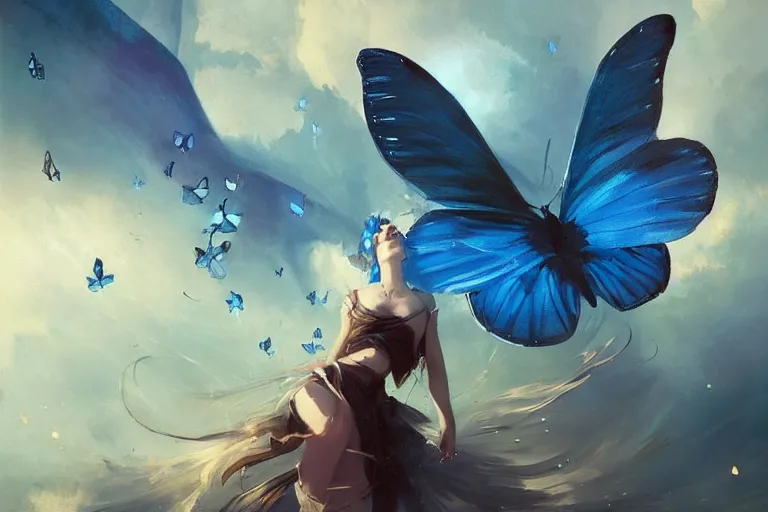 Prompt: a beautiful painting of wonderland, blue butterflies flying, girl, by greg rutkowski, trending on artstation