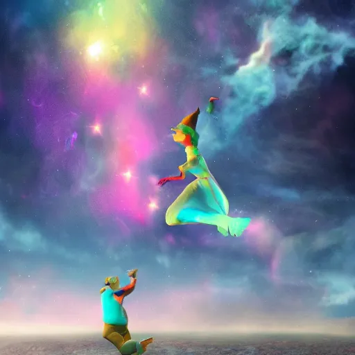 Image similar to shrek doing ballet, clouds, nebulae, starburst, neon colors, dreamy, phone wallpaper, 4 k, unreal engine, artstation, colorful, beautiful