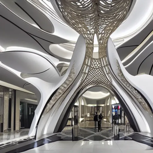 Image similar to extremely detailed ornate stunning beautiful elegant futuristic museum lobby interior by Zaha Hadid