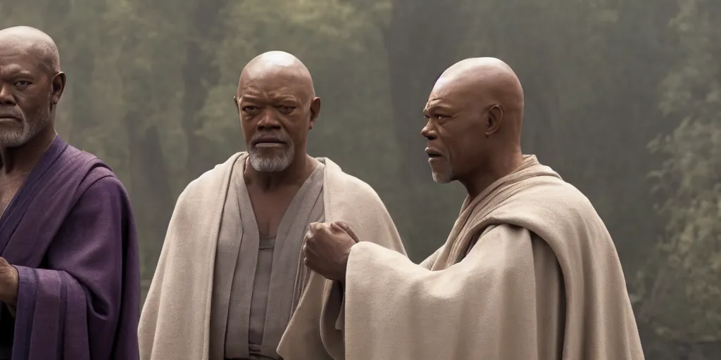 Image similar to obi - wan kenobi disney plus show, played by ewan mcgregor and old mace windu played by samuel l jackson, greet eachother, old friends, accurate ultra realistic faces, 4 k, movie still, uhd, sharp, detailed, cinematic, render, modern