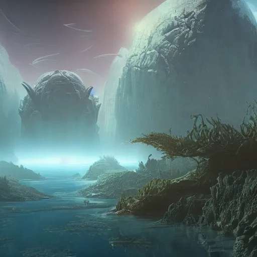 Image similar to a matte painting of alien underwater landscape of lush flora, remnants of old spaceship, alien creatures emerging, morning, by Giger and Ralph McQuarrie and Bruce Pennington, cinematic lighting, ambient light, hyperrealism, nvidia, octane render, 8k, iridescent accents, vray, deviantart