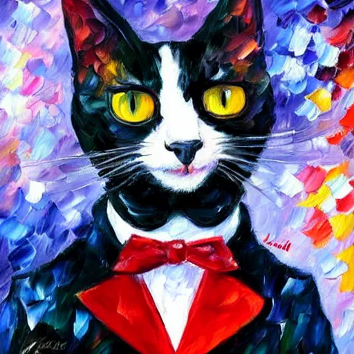 Image similar to portrait painting of a tuxedocat wearing a red jacket by Leonid Afremov