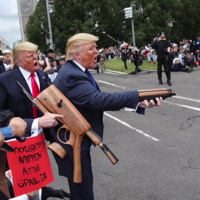 Prompt: a photo of donald trump with a shotgun in a protest