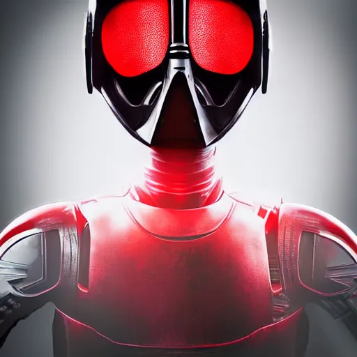 Image similar to Pixar, Star Wars, Marvel, black + red + white ant head superhero, wearing futuristic cybernetic battle armor, close up dramatic lighting, portrait, realistic reflection