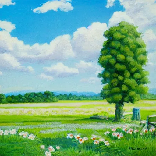 Image similar to This painting shows a beautiful summer's day. The blue sky is adorned with a scattering of fluffy white clouds. The scene is painted against a green background, and the hazy light of the sun has cast a rosy glow over everything.