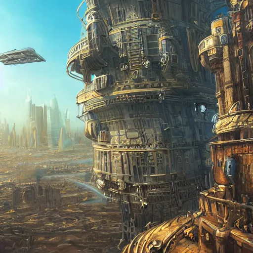 Prompt: First person point of view shot showing the arms of a young man crouching on the ledge of a tall building peering at an advanced high tech Sci fi bustling steampunk city with flying air ships over it and tall glass buildings located in a sand desert, bright sunny day blue sky, digital painting, artstation, matte painting, highly detailed, intricate, concept art, game art, octane render, 8k, unreal engine