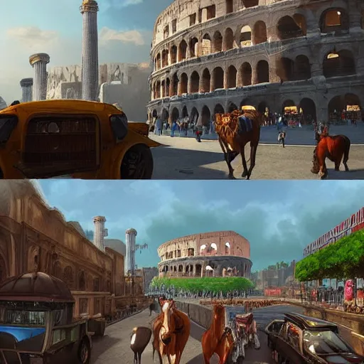 Image similar to busy d & d city with distant colosseum, horses and carriages in first person street view, artstation