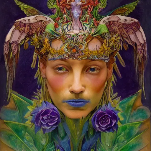Prompt: the bone crown, the crown of wings, by Annie Swynnerton and Nicholas Roerich and Diego Rivera, bioluminescent skin, tattoos, wings made out of flowers, elaborate costume, geometric ornament, symbolist, cool colors like blue and green and violet, smooth, sharp focus, extremely detailed