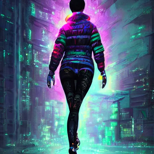 Image similar to skill magic deepdream guardian girl with short black hair cyberpunk futuristic, reflective puffer jacket, black leggings from the back radiating a glowing colorful aura by ismail inceoglu dragan bibin hans thoma, perfect face, fine details, realistic shaded, fine - face, pretty face