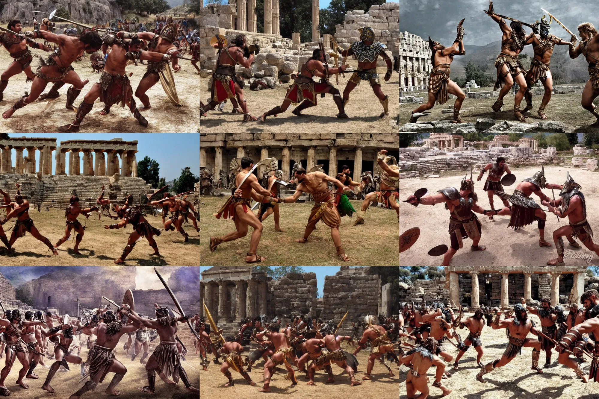 Prompt: spartan hoplites fighting minotaurs outside ancient greek temple, bollywood fantasy action movie still.