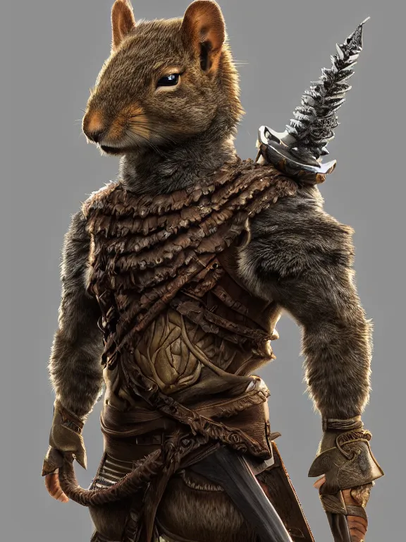 Image similar to full body frontview portrait of a warrior in squirrel armour, d & d character design, designed in blender, 8 k hd, octane render, intricate and highly detailed, coloured with lots of colour, pose, fantasy, sharp focus,