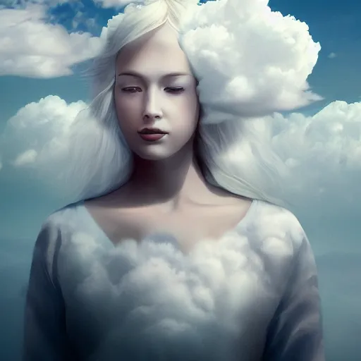 Prompt: goddess wearing a cloud fashion on the clouds, photoshop, colossal, creative, albino skin, giant, digital art, photo manipulation, clouds, covered in clouds, girl clouds, on clouds, covered by clouds, a plane flying, white hair, digital painting, artstation