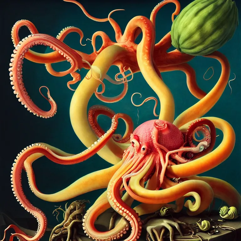 Image similar to still life of surreal alien squid, octopus, pastel tropical flowers, surreal alien ribbed tropical fruit, white human spine, baroque painting, beautiful detailed intricate insanely detailed octane render, 8K artistic photography, photorealistic, chiaroscuro, Raphael, Caravaggio