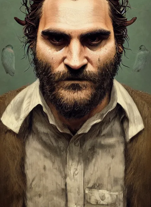 Prompt: a hyper detailed full face portrait of joaquin phoenix as the king of animals, cow, pig, sheep, chicken, horror, by anna podedworna, by miklos ligeti, by diego maricato, on artstation