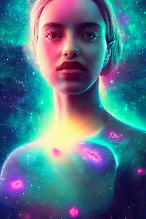 Prompt: A beautiful portrait of a single female cosmic being with a nebula as its body by Beeple, 8K, UHD , Trending on artstation.