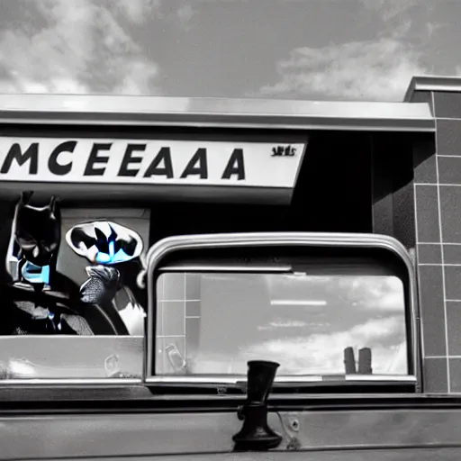 Image similar to Batman gets a job at the McDonald’s drive thru, 35mm film