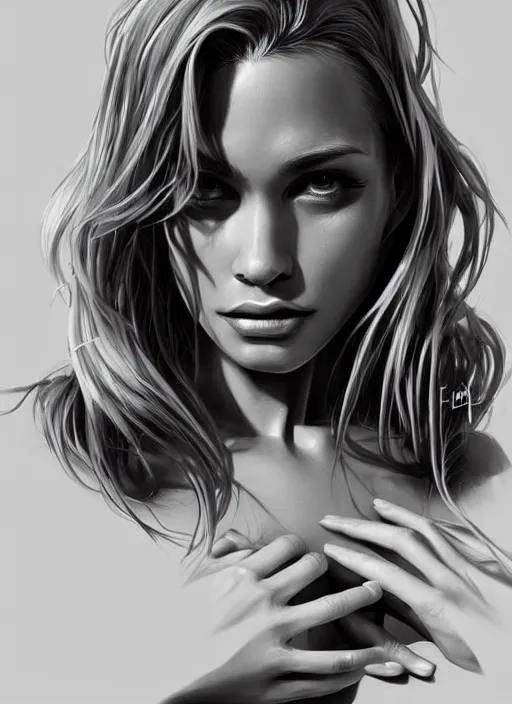 Prompt: up close portrait of a beautiful woman in black and white, photorealistic, upper body, in the style of kevin Kostic, art by diego fazio and diegoKoi and oscar Ukono and stanley lau, concept art, intricate, elegant, hyper sharp focus, artgerm, 8k highly detailed