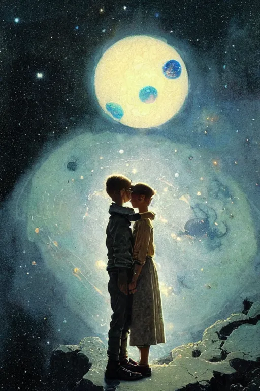 Image similar to a 1 2 year old boy and 1 0 year old girl dreaming about a universe full of galaxies, part by norman rockwell, part by greg rutkowski, part by mattias adolfsson, high angle, ( ( ( ( volumetric lighting ) ) ) ), oil on canvas