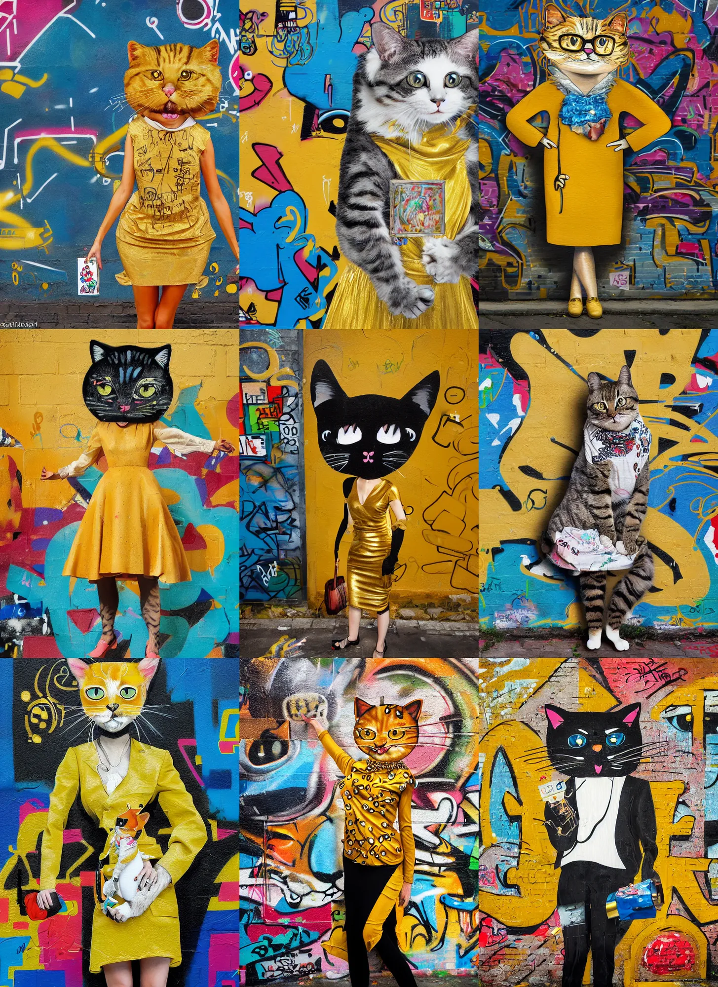 Prompt: anthropomorphic cat wearing a golden dress in the style of ger doornink, big smile, posing against a graffiti wall, painting by andrei riabovitchev, sandra chevier, tara mcpherson, david choe, fashion, elegance, sophisticated, detailed painterly impasto brushwork