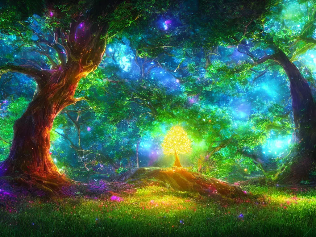 Prompt: a magical glowing tree, deep color, fantasy art, dark night, reflective ground of microscopic gems and grass, extreme detail, studio ghibli and pixar and abzu, rendering, deep colors, deep lush vivid colors, vray render, cgsociety