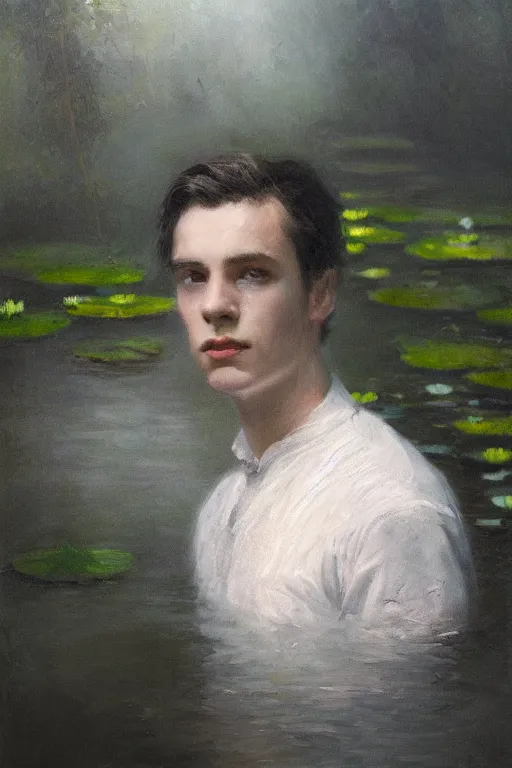 Image similar to detailed cinematic moody colors studio portrait of a young victorian gentleman in a beautiful victorian water pond, water lilies, high quality by jeremy mann, only one head single portrait