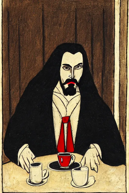 Image similar to portrait of vlad tepes sitting at a window table in a coffee shop