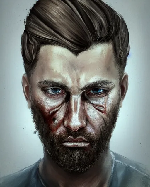 Image similar to portrait of muscular, tired and alcoholic 3 0 - year - old grieving man with short darkblonde hair, serious sad look in his eyes, looking down, dirty beard, blue eyes, crying tears, wearing dirty soldier uniform, on the desert, sad atmosphere, hyper realistic face, character art, art by artgerm, cryengine, trending on artstation, digital art