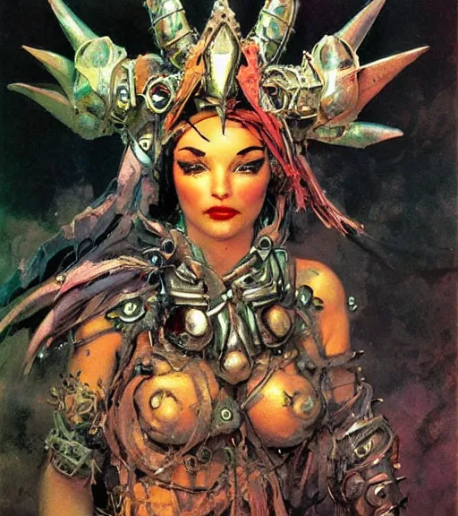 Prompt: princess of the wasteland, scrap metal headdress, strong line, vivid neon color, high contrast, beautiful! coherent! by brian froud, by frank frazetta, low angle