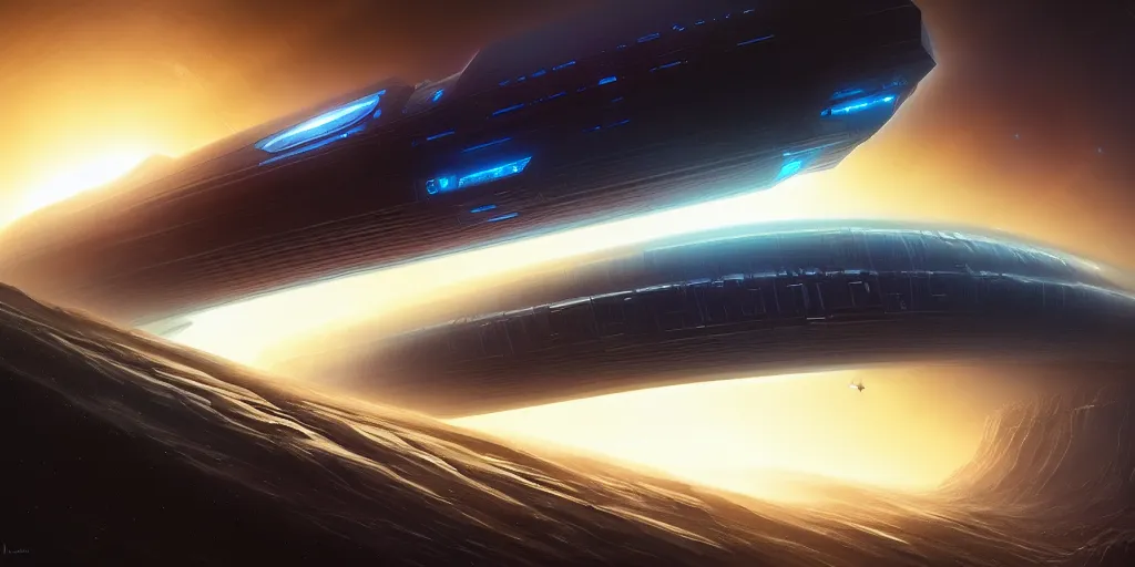 Prompt: giant tubular spaceship in deep space, portal, day, ultra high definition, ultra detailed, symmetry, god rays, sci - fi, dark fantasy, by paul chadeisson and denis villeneuve