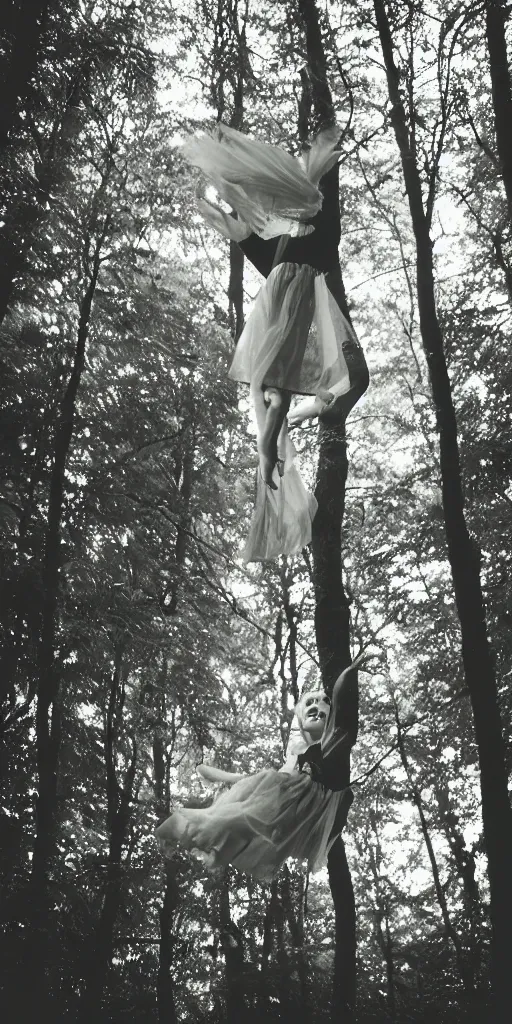 Image similar to old film photo of a young girl floating in the air in a forest, magical dark and spooky, flash photography, young face