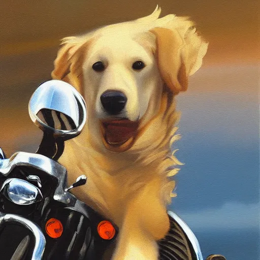 Prompt: “an English cream golden retriever riding a motorcycle wearing a leather jacket on a desert road, oil painting”