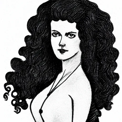 Image similar to a black and white drawing of the silhouette of a woman with long curly tied hair using a dress