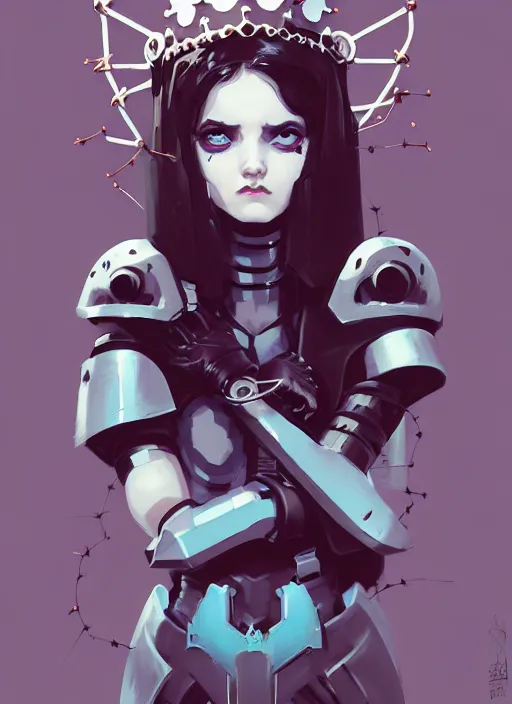 Image similar to portrait of cute goth maiden girl with crown of thorns in cyber armor, warhammer, cyberpunk, by atey ghailan, by greg rutkowski, by greg tocchini, by james gilleard, by joe fenton, by kaethe butcher, dynamic lighting, gradient light blue, brown, blonde cream and white color in scheme, grunge aesthetic