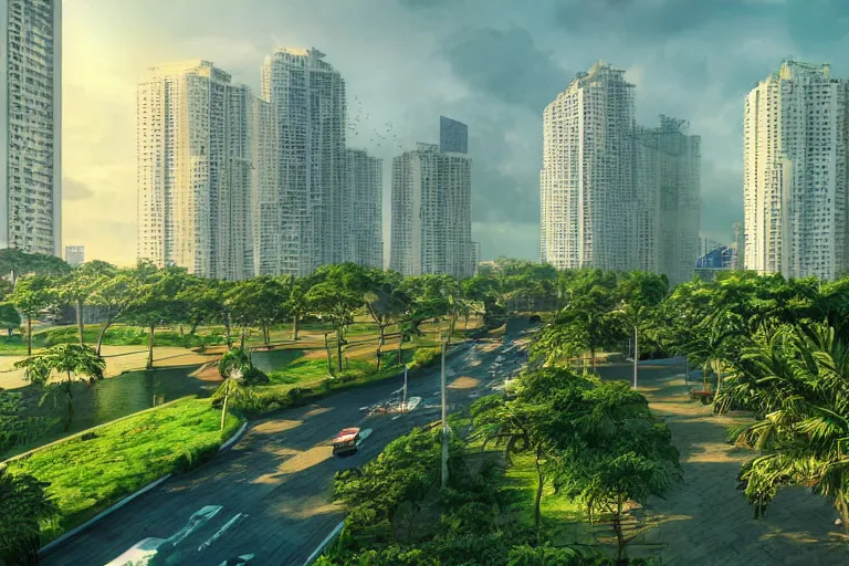 Image similar to manila baywalk, wide, green, many activities, clean, linear park, concept art, artstation