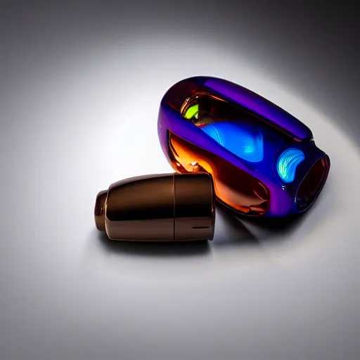 Image similar to award winning product photography, 3 5 mm lens, of a glossy orange metallic and shiny purple metallic shiny ergonomic hololens as off bugatti cheyvron, holographic display lenses, studio lighting,