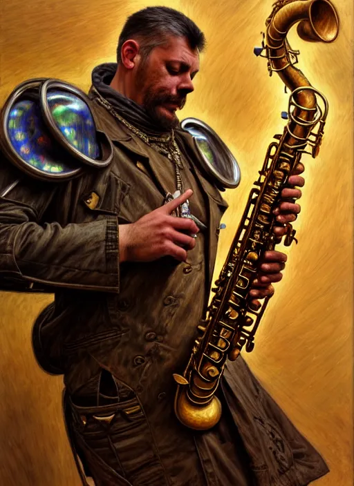 Image similar to portrait of a dirt man playing sax, warhammer 40000, cyberpunk, intricate, highly detailed, digital painting, artstation, concept art, smooth, sharp focus, illustration, art by Amano and Karol_Bak and artgerm and greg rutkowski and alphonse mucha and Gustav Klimt and Kojima