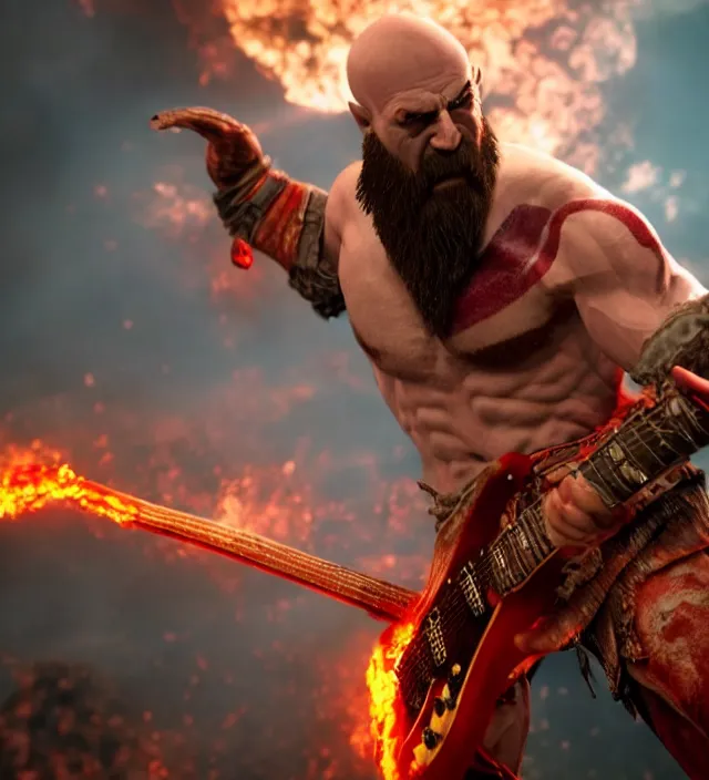 Prompt: kratos shredding on a flaming stratocaster guitar, cinematic render, god of war 2 0 1 8, santa monica studio official media, lightning, stripe over eye