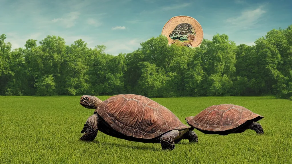 Image similar to Giant turtle with a city on it's back, walking through an open field, forest visible in the background