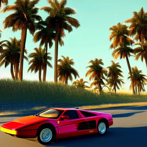 Prompt: a Ferrari Testarossa on a road next to a white sand beach with palm trees@in unreal engine