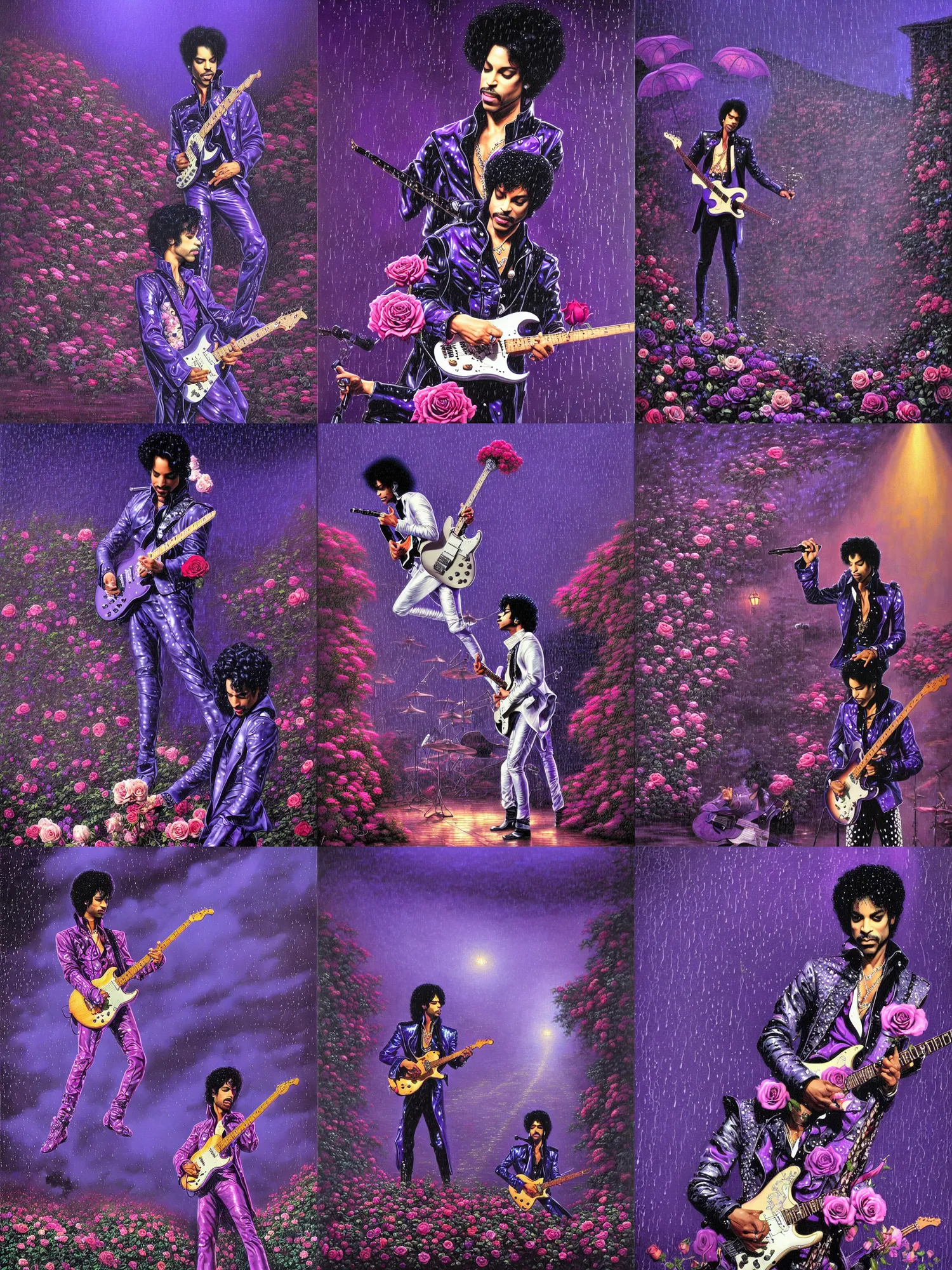 Prompt: prince playing purple rain to a very large audience in the rain, photorealistic painting by james jean and jean giraud and thomas kinkade, low light, beautiful atmosphere, very rainy, some roses and floral decoration on stage, ornamental