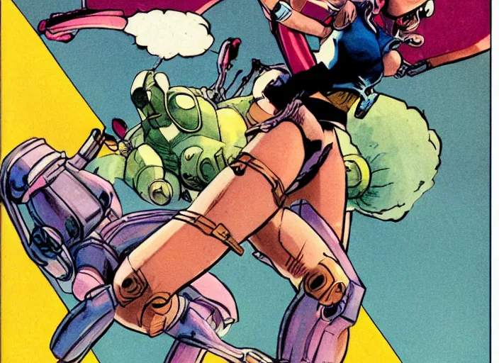 Image similar to comic panel of a dynamically posed beautiful!! riot grrl female superhero in short shorts, fighting an alien robot, by cory walker and ryan ottley and jack kirby and barry windsor - smith and norman rockwel and frank frazetta, concept art, smooth, sharp focus, comic, illustration, photo real