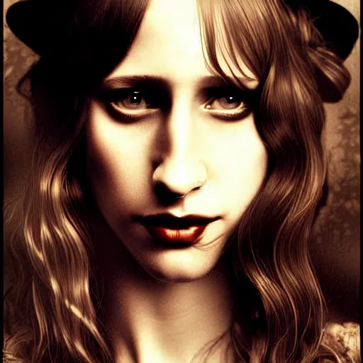 Image similar to in the style of rob hefferan, beautiful taissa farmiga, steampunk, elegant pose, middle shot waist up, symmetrical face symmetrical eyes, cinematic lighting, detailed realistic eyes, short neck, insanely detailed and intricate elegant